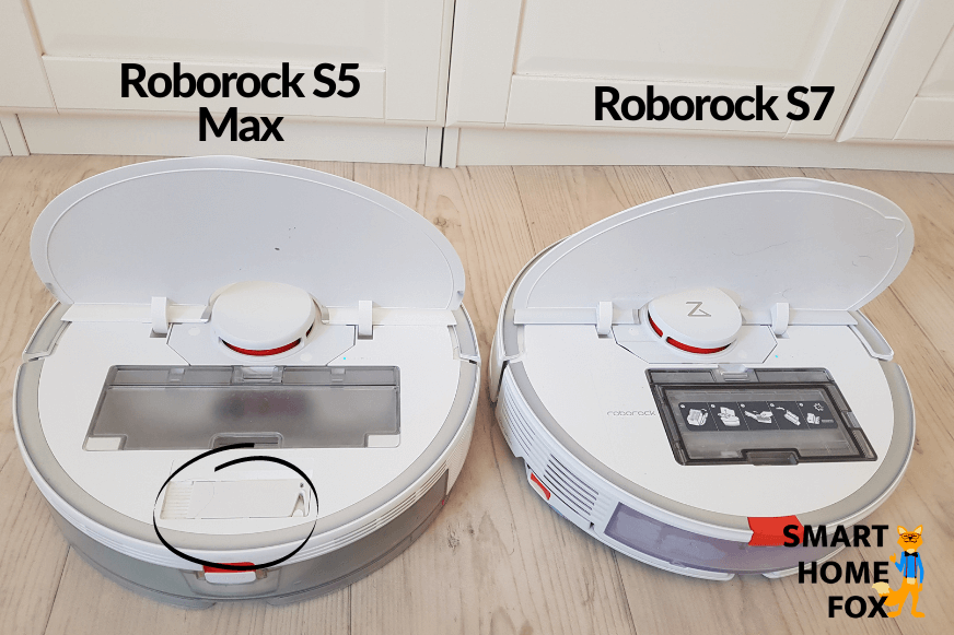 Roborock S7 and the S5 Max standing side by side on the floor with the lid open